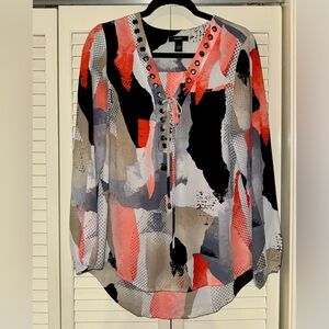 Alfani Women's V-Neck Blouse with Abstract Coral, Tan & Black Pattern